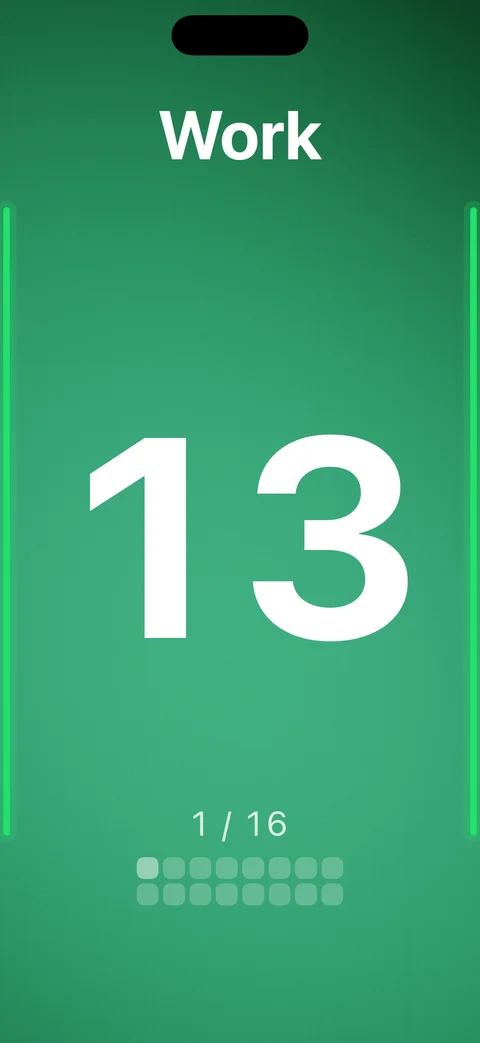 Interval Timer running a work interval, with a large countdown and round progress.